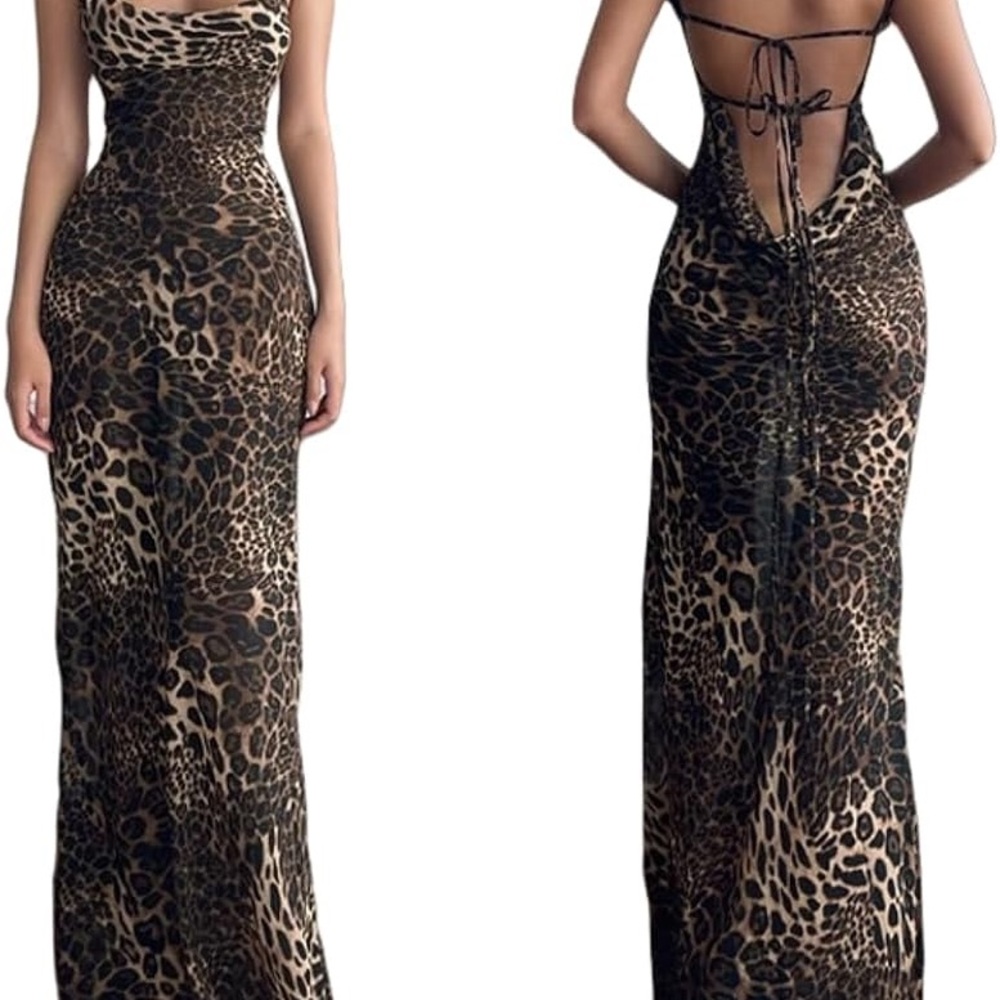 Leopard Print Draped Maxi Backless Halter Dress Tie Back Sleeveless Daily Wear